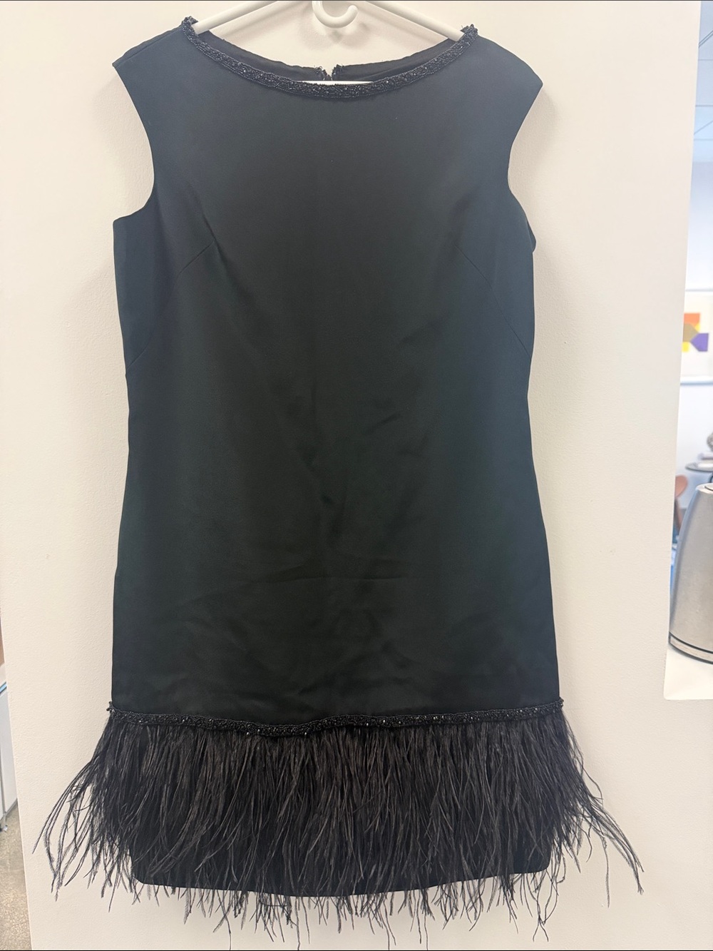 Teri Jon Black Beaded Neckline Feather-Hem Mini Dress